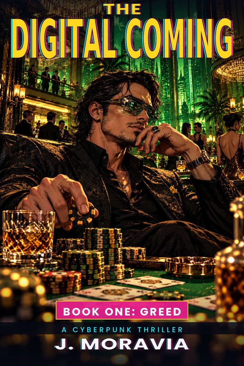 Cover of The Digital Coming, Book One: Greed, a cyberpunk thriller by J. Moravia.
