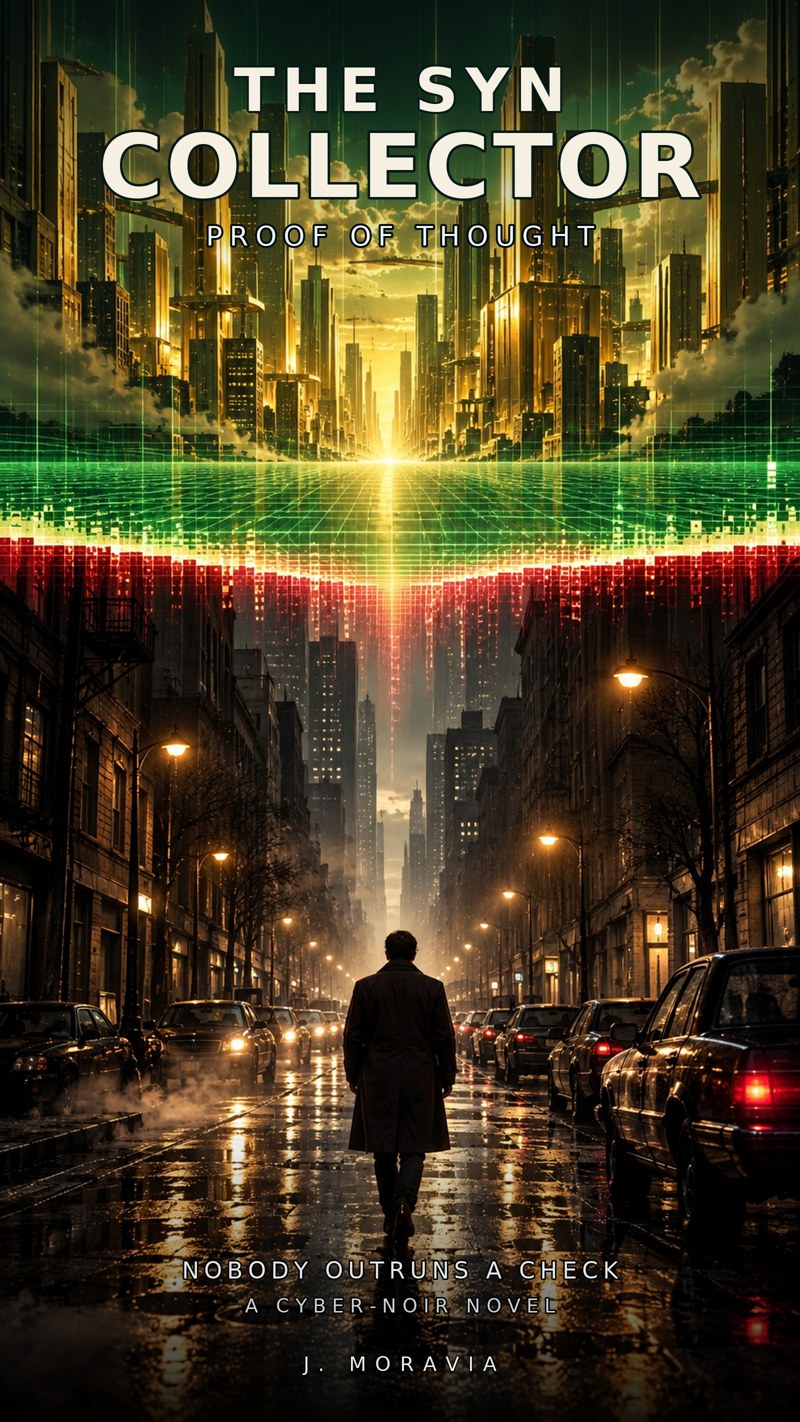 Cover of The SYN Collector: Proof of Thought, a cyber-noir novel by J. Moravia.